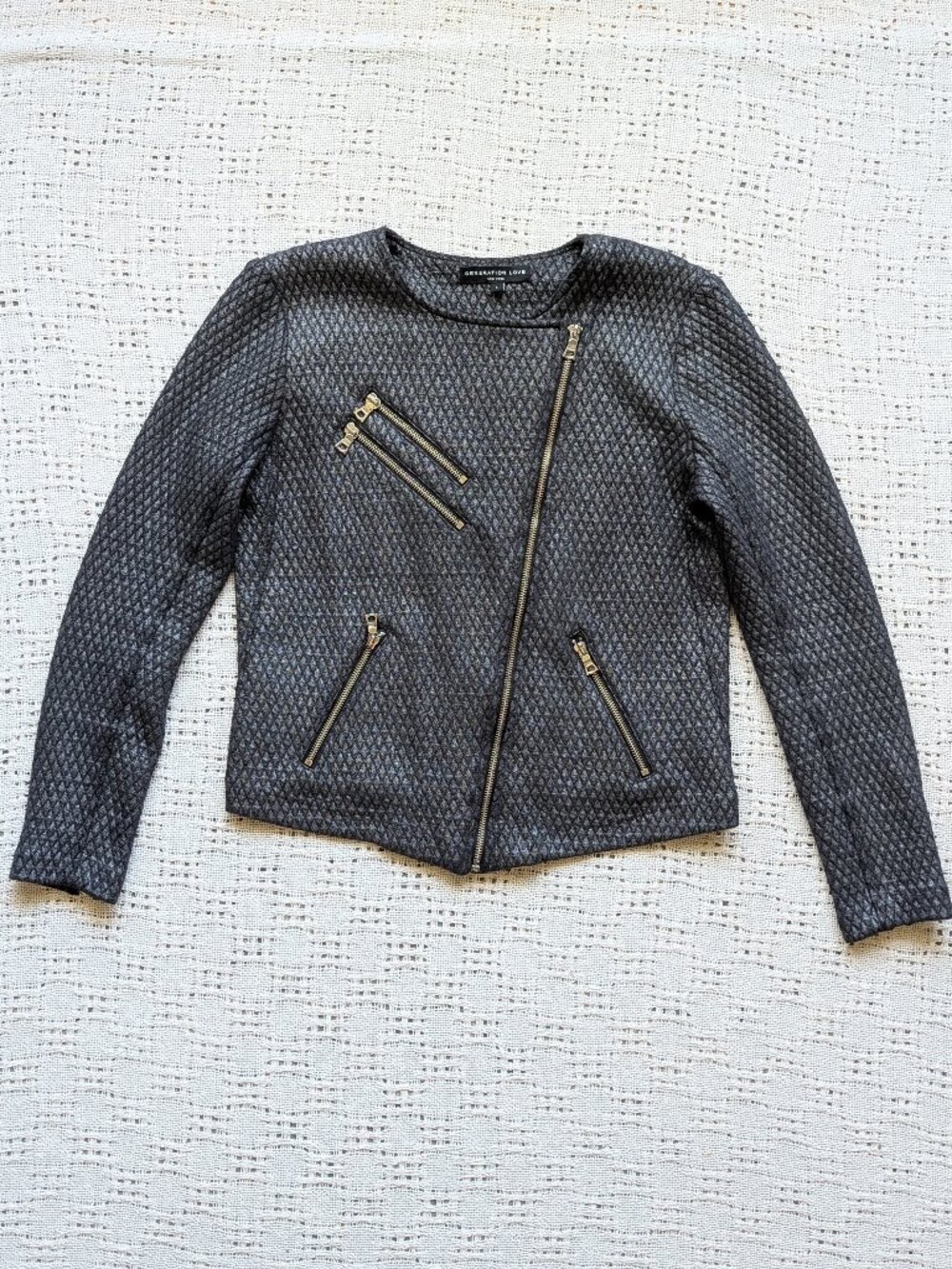 Generation Love New York Quilted Metallic Moto Style Jacket Women L Asymmetrical